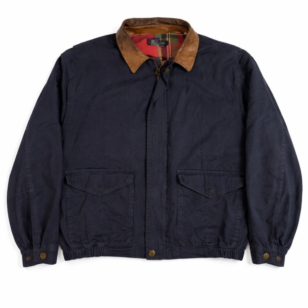 Nautica Cotton Bomber Jacket XL Navy‎ Leather Collar Plaid Lining